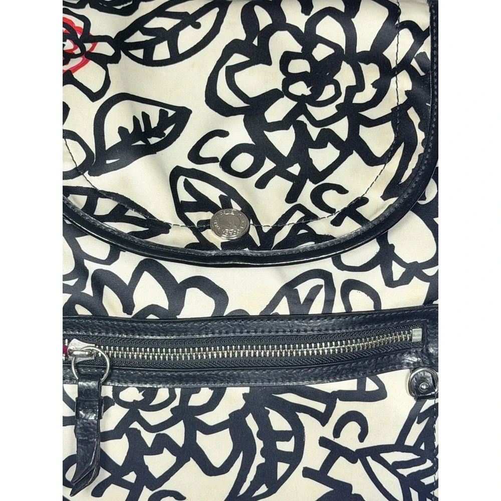 Coach Poppy Daisy Graffiti Backpack Floral Satin Black White Pink Travel Casual